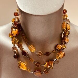 Vintage Three Strand Amber Glass Beaded Necklace